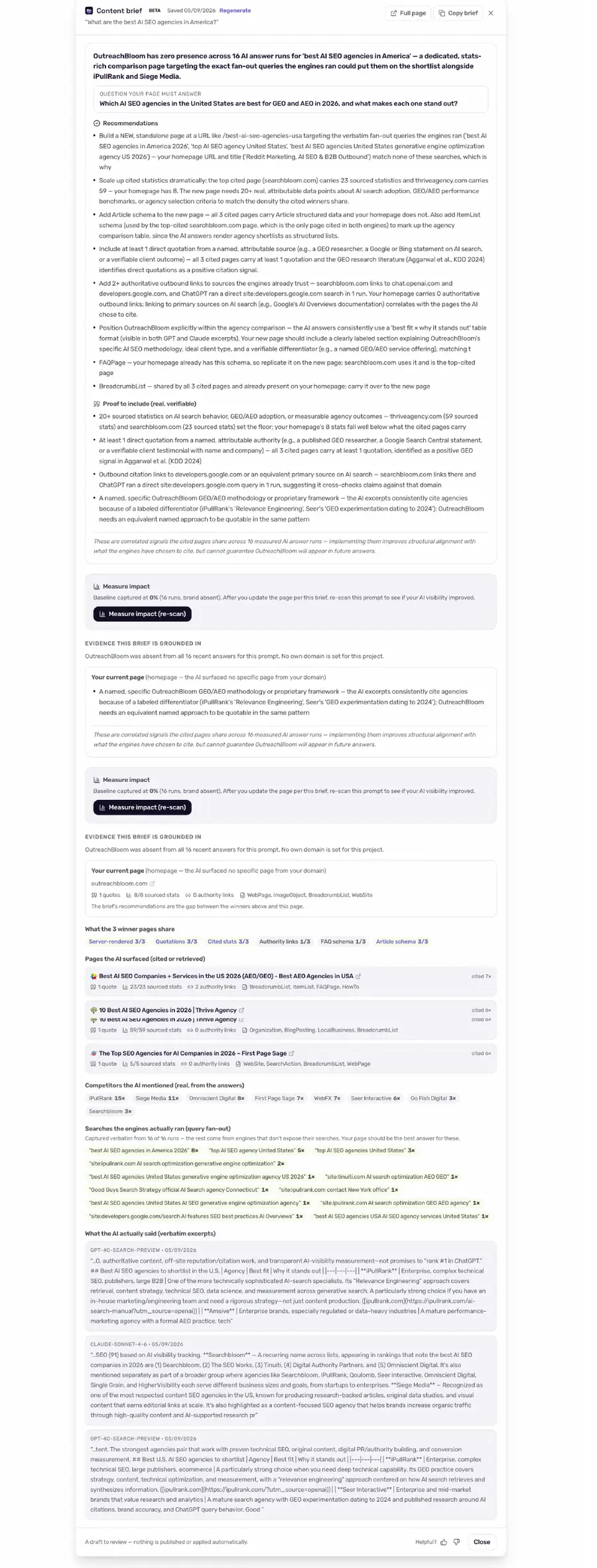 A real generated content brief: verdict, target question, grounded recommendations, page structure, schema and proof to include, with the evidence it is derived from