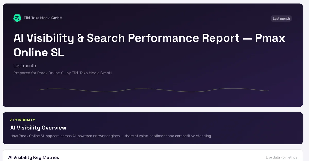 Cover und Eröffnungssektion eines kundenfertigen KI-Sichtbarkeits- und Suchperformance-Reports, white-label von einer Agentur für ihren Kunden erstellt