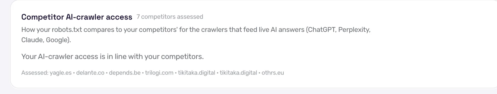 A GEO audit's competitor AI-crawler access panel comparing how a site's robots.txt stacks up against seven competitors for the crawlers behind ChatGPT, Perplexity, Claude and Google