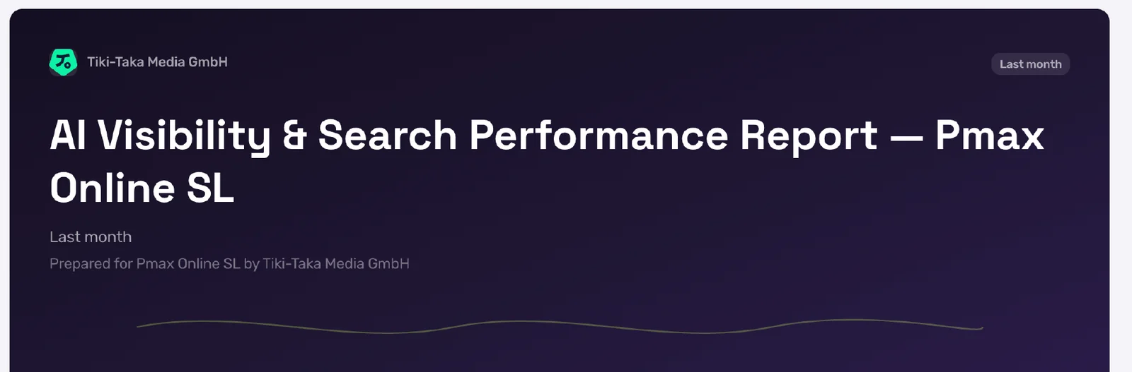 White-label-Reportcover: KI-Sichtbarkeits- und Suchperformance-Report, von der Agentur für ihren Kunden erstellt, mit dem Branding der Agentur